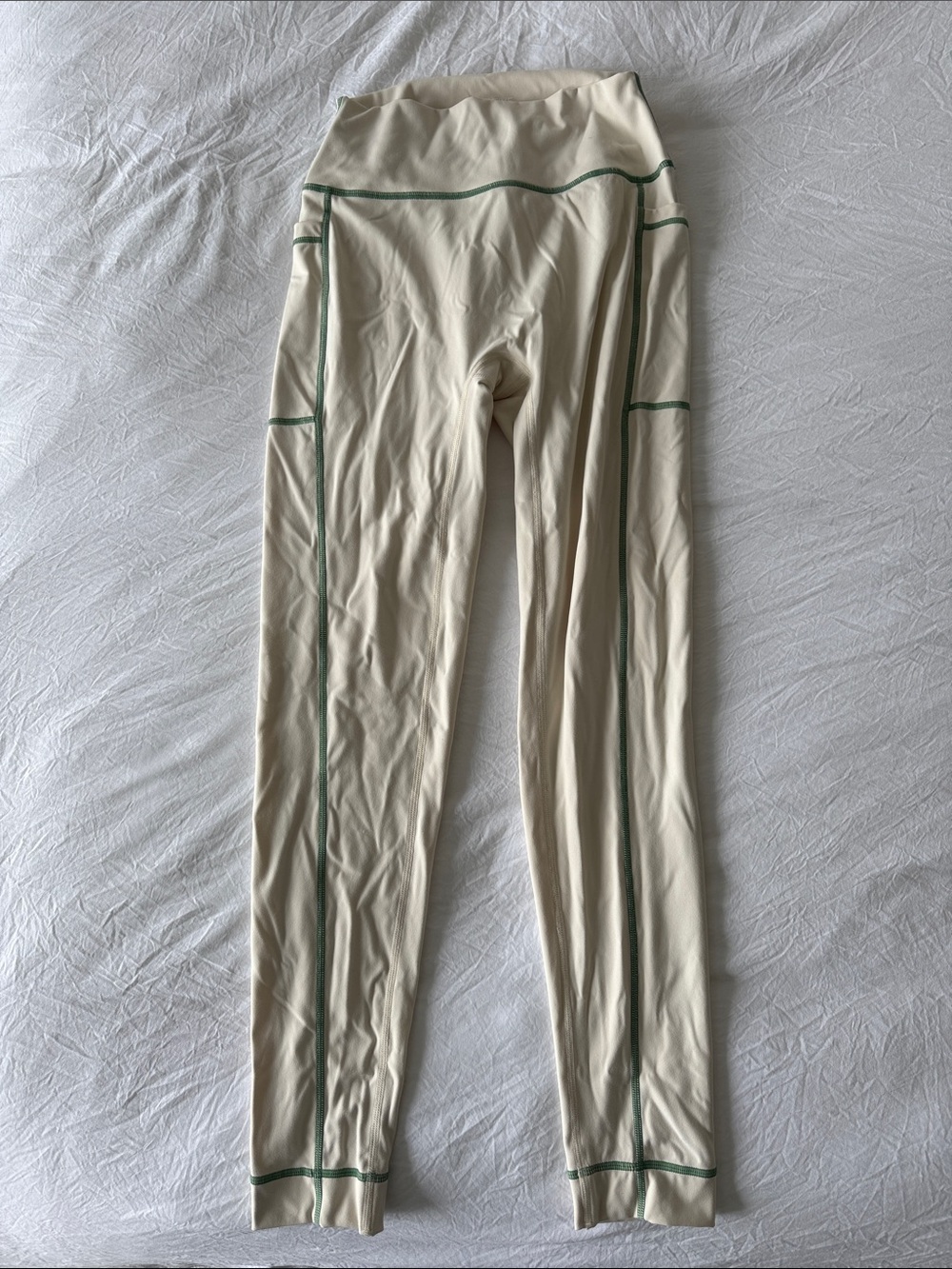 SET Active Cream Leggings with Green Contrast Stitching